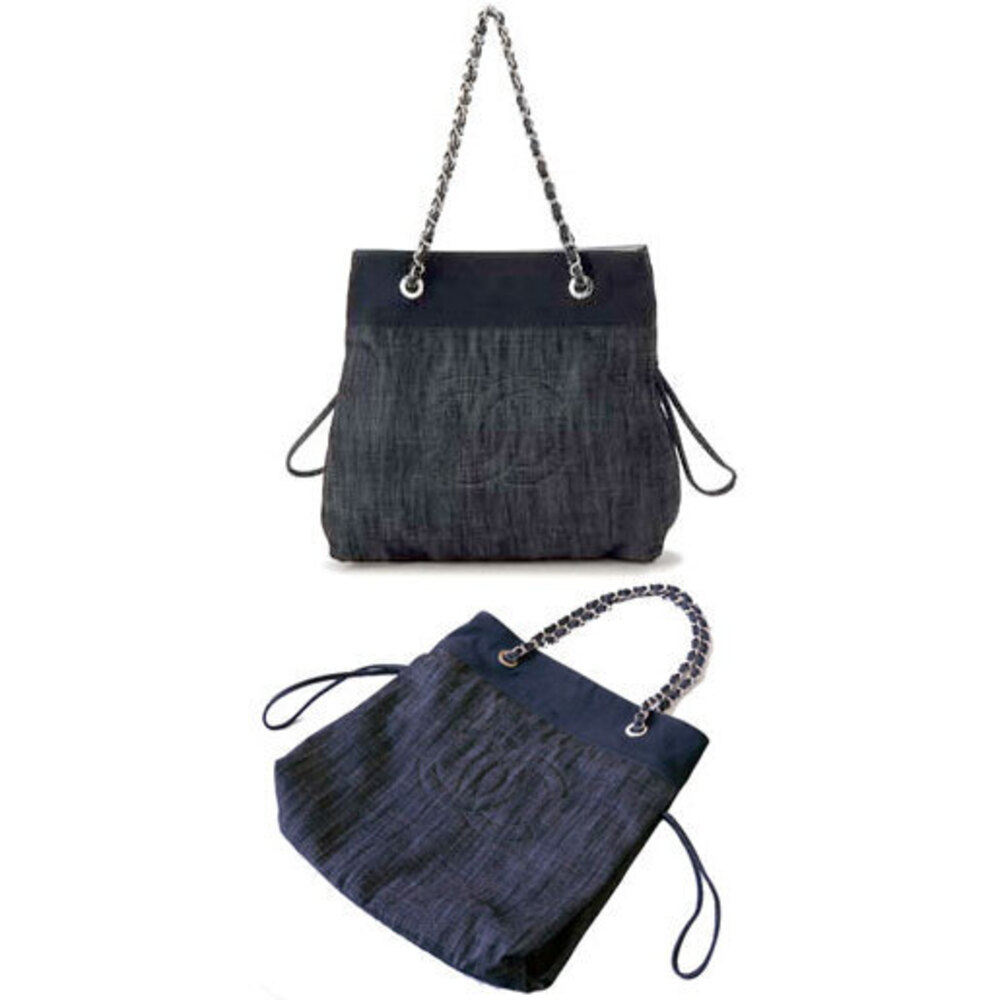 CHANEL Denim Tote Bag Shoulder Handbag Navy Blue